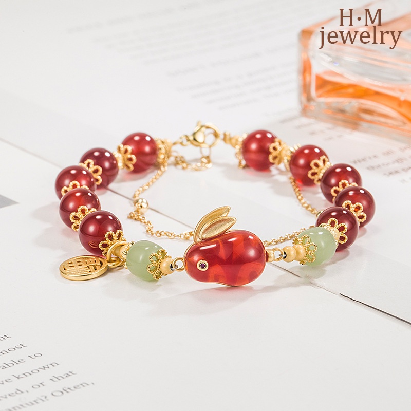 Giok Hare Hetian Jade Double-Layer Bracelet 2023gelang Batu Akik Merah Kelinci