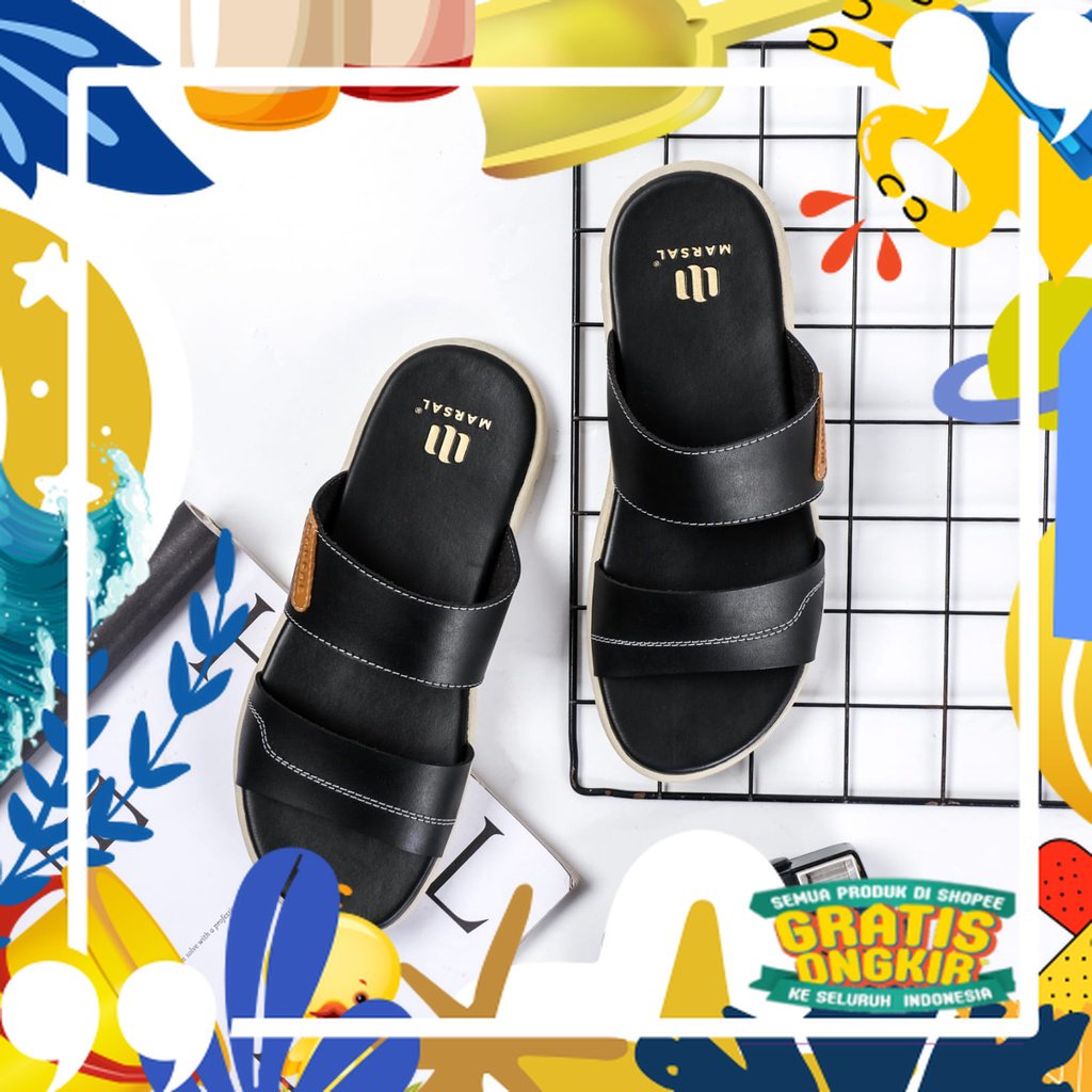 Sendal Pria MARSAL Marsello 001 Sendal Terbaru Slide Kulit Sendal Lebaran/ merah putih biru polos