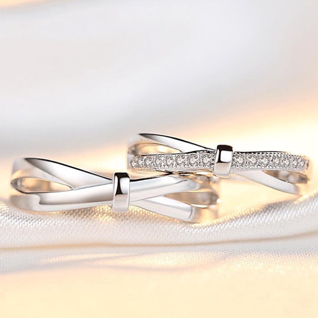 Goldkingdom Fashion Perhiasan Aksesoris Ready Stock Tembaga Putih Cincin Pasangan Perempuan Perak Berlapis Ornamen Busur Simpul Terbuka Sepasang Cincin Pasangan Laki-Laki Hidup Kreativitas Versi Korea