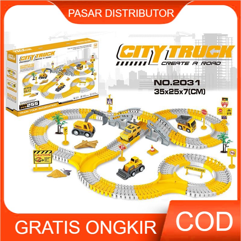 Mainan Anak 255PCS CITY TRUCK CREATE A ROAD Mobil Track Railcar Way