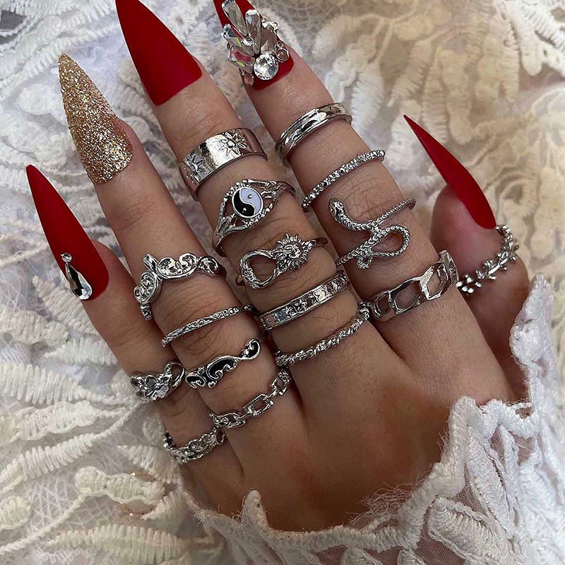 16pcs/set Retro Matahari Bulan Bunga Cincin Set Untuk Wanita Taichi Yinyang The Eight Diagrams Snake Ring Party Jewelry