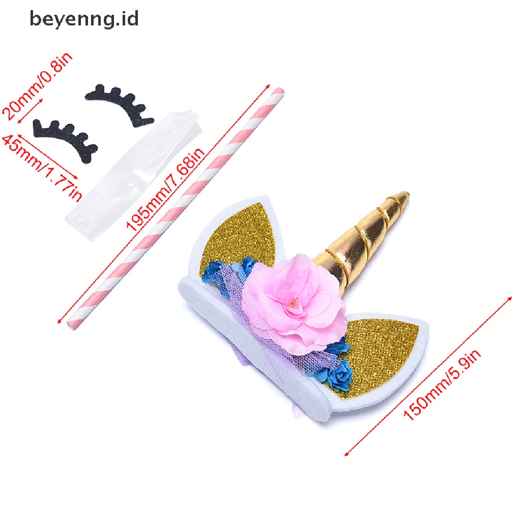 Beyen 3pcs/Set Unicorn Horn Eyelashes Birthday Cake Topper Decor Party Ornament Prop ID