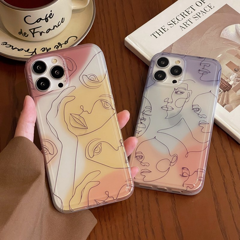 INS Art Line Girl Woman Soft Casing TPU Case iP iPhone 11 12 13 14 Pro Max + Plus FTD Cover