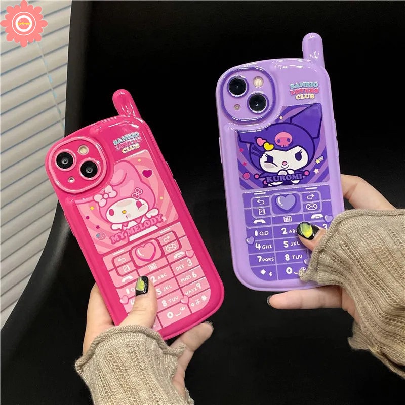 IPHONE Casing Bentuk Ponsel Kepribadian Retro Kreatif Kompatibel Untuk Iphone11 7 8 Plus 13 14 12 Pro MAX XR X XS MAX SE 2020 Kartun Imut Kuromi Melody Glossy Ungu Roes Merah Soft Case