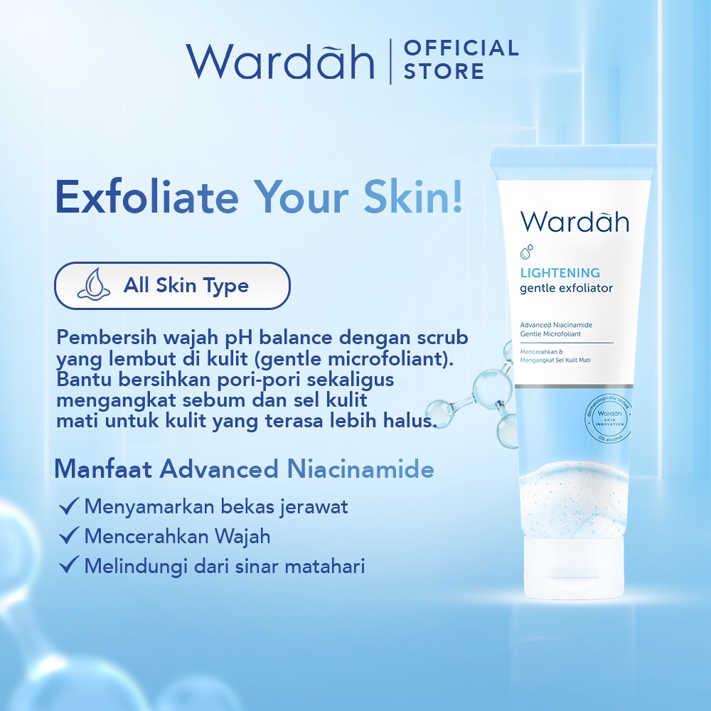WARDAH Lightening Gentle Exfoliator Indonesia / Pembersih Wajah 50ml / Advanced Niacinamide Gentle Microfoliant / Mencerahkan &amp; Mengangkat Sel Kulit Mati / Advanced Niacinamide Cerah / Exfo Exoliating Peeling Peel Scrub Muka / Skincare Face Care Series