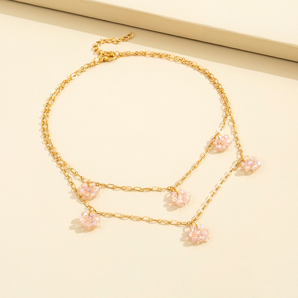 Ins Gaya Lembut Kepribadian Fashion Kecil Segar Berlapis Ganda Kristal Bunga Merah Muda Liontin Kalung Aksesoris