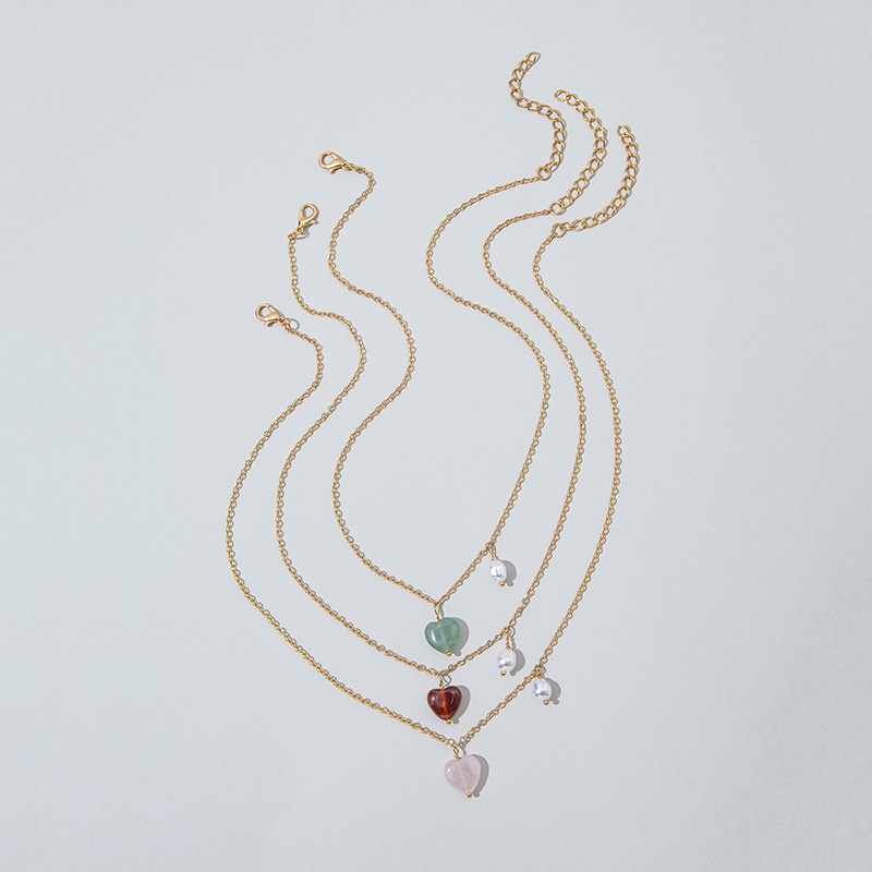 Set Kalung Rantai Emas Tiga Lapis Retro Bergaya Dan Sederhana Kalung Hati Kristal