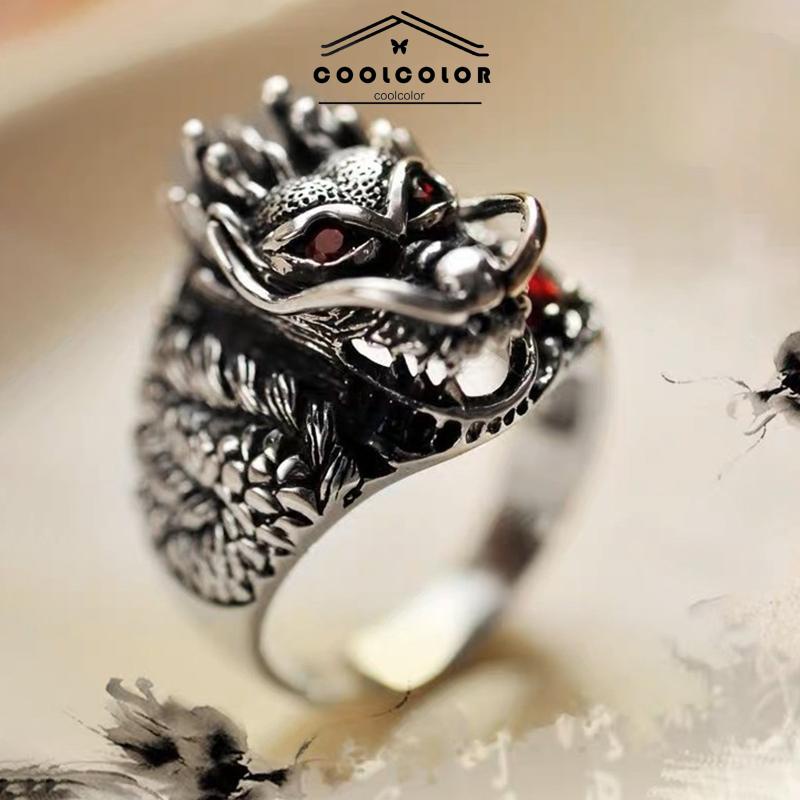 COD❤️Cincin Titanium Pria Punk Desain Dragon Naga Retro Anti Karat Vintage Adjustable Fashion Untuk Pria Murah- cl