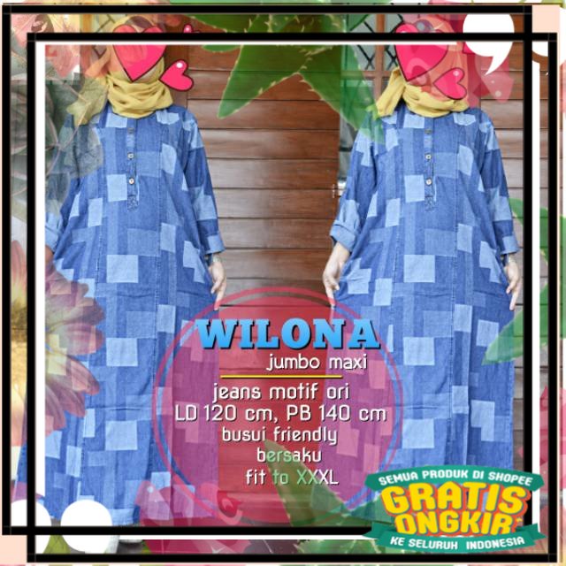 Gamis Jeans Jumbo Maxy Motif ld120-pb140 fit to XXXL best seller original Solo / rajut