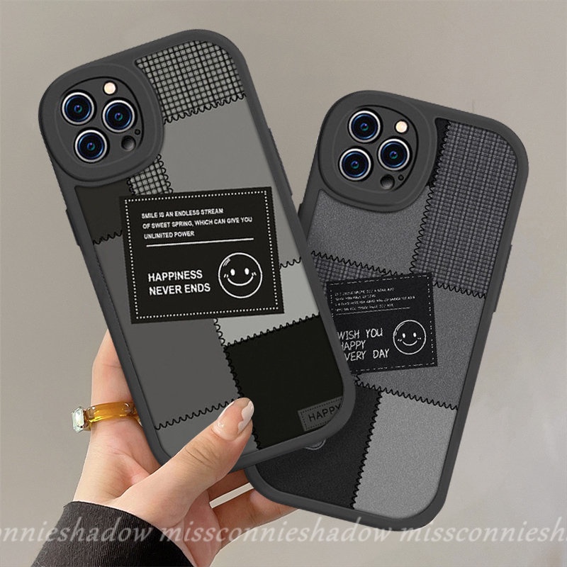 Couple Case Redmi 9T 10 9 10C 9A 10A 9C Note10 10s 11 11s 8 9 9Pro 9s 11Pro+10Pro 8Pro Mi 12 11 Lite 11TPOCO X3 NFC Pro M3 Ins Jahitan Label Hitam Smiley Lucu Lembut TPU Sarung