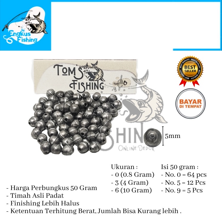 Timah Pancing Model Lada Bulat Lubang Perbungkus 50gram (No.0/0.8gr, 5/4gr &amp; 9/10gr)  Murah - Engkus Fishing