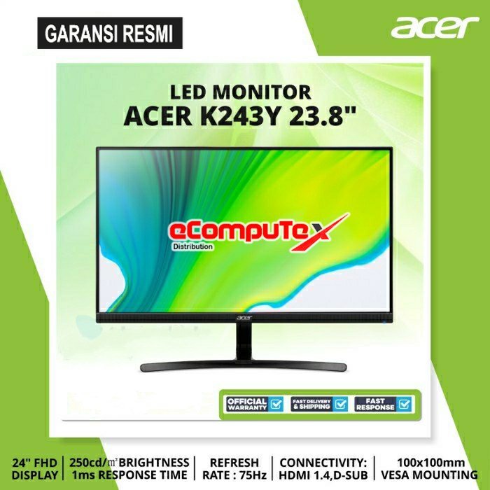 MONITOR LED ACER K243Y 24&quot; INCH WIDE 60Hz INPUT SIGNAL VGA+HDMI GARANSI RESMI