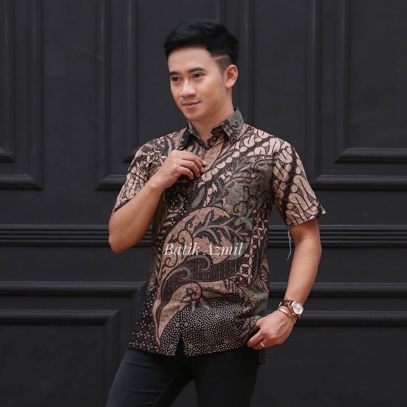 Batik Pria Lengan Pendek Premium BATIK AZMIL HRB026 motif KERATONAN Kode 002 size M L XL XXL