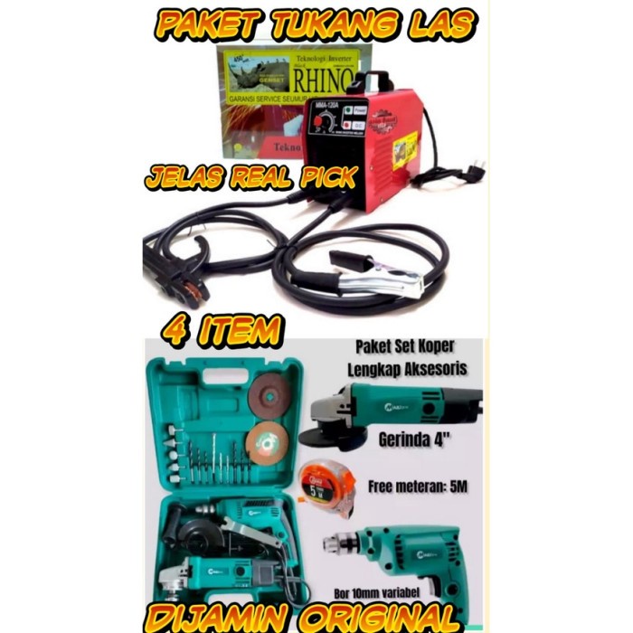 PROMO PAKET 3 SET TUKANG LAS MESIN LAS RHINO 900 watt MERAH BOR 10 MM