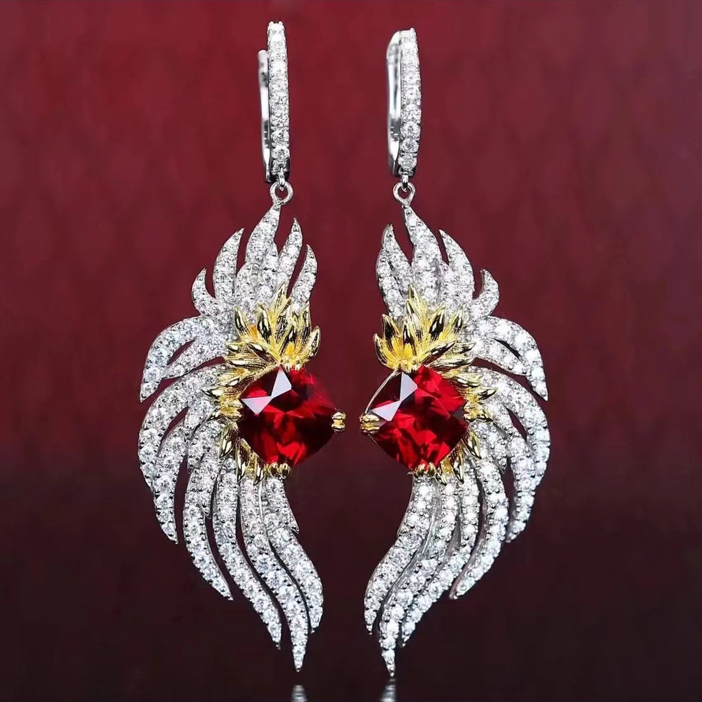 Goldkingdom Aksesoris Perhiasan Fashion Ready Stock Haute Couture Jewelry, Red Korundum, Anting Phoenix Api, Liontin Derek, Bros, Zirkon Aus Ganda