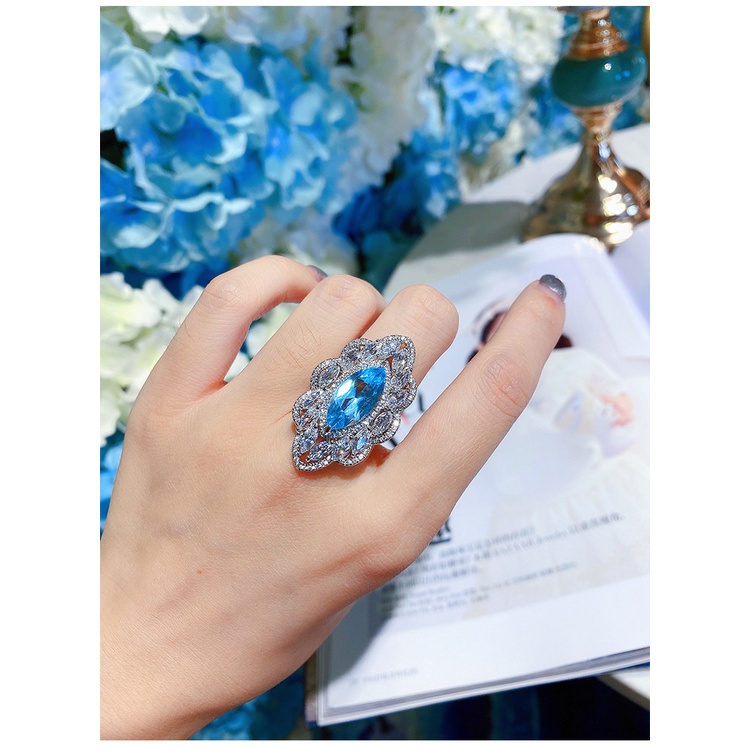 Goldkingdom Aksesoris Perhiasan Fashion Ready Stock Desain Perhiasan Tinggi Bentuk Mata Kuda Tanah Berat Set Berlian Karbon Tinggi Aquamarine Topaz Kalung Cincin Set