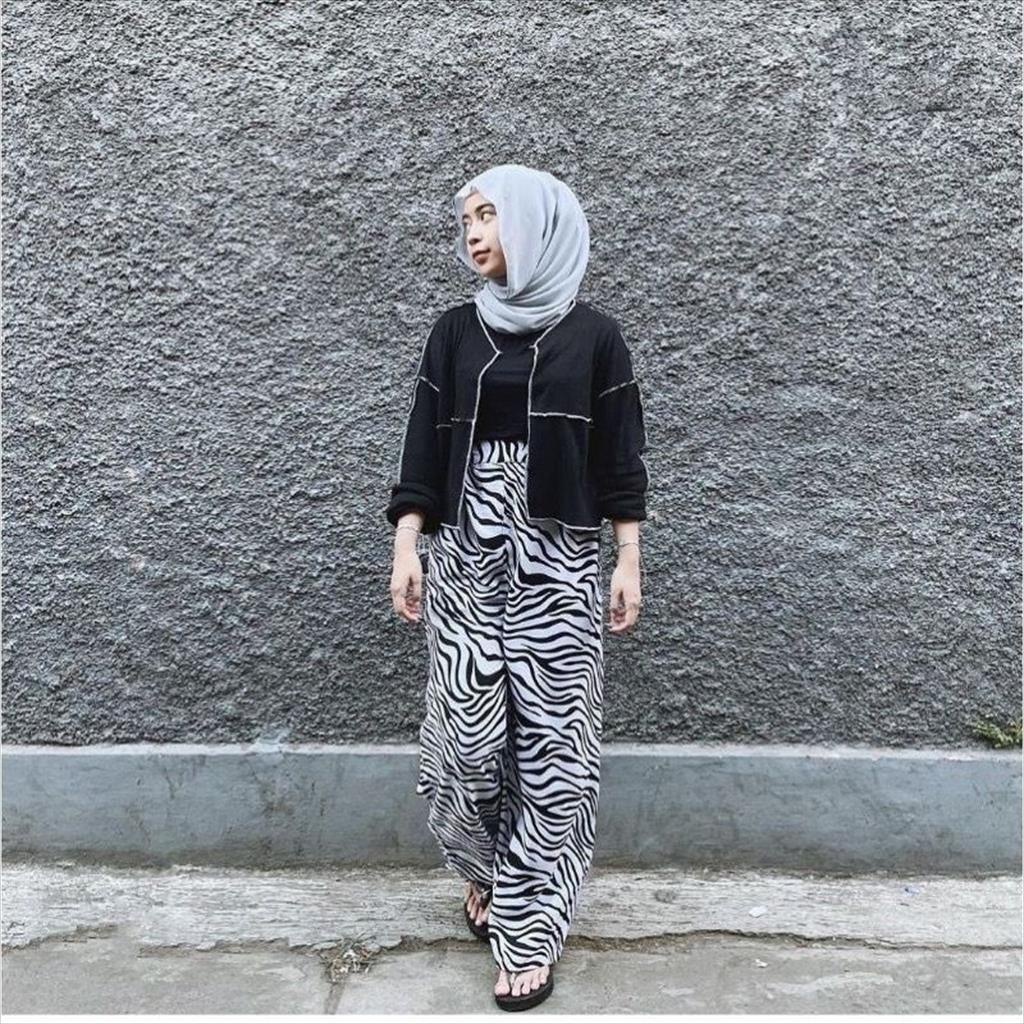 OTS 1.152 - Kulot Motif Zebra Sapi Animal Celana Panjang Bawahan Wanita