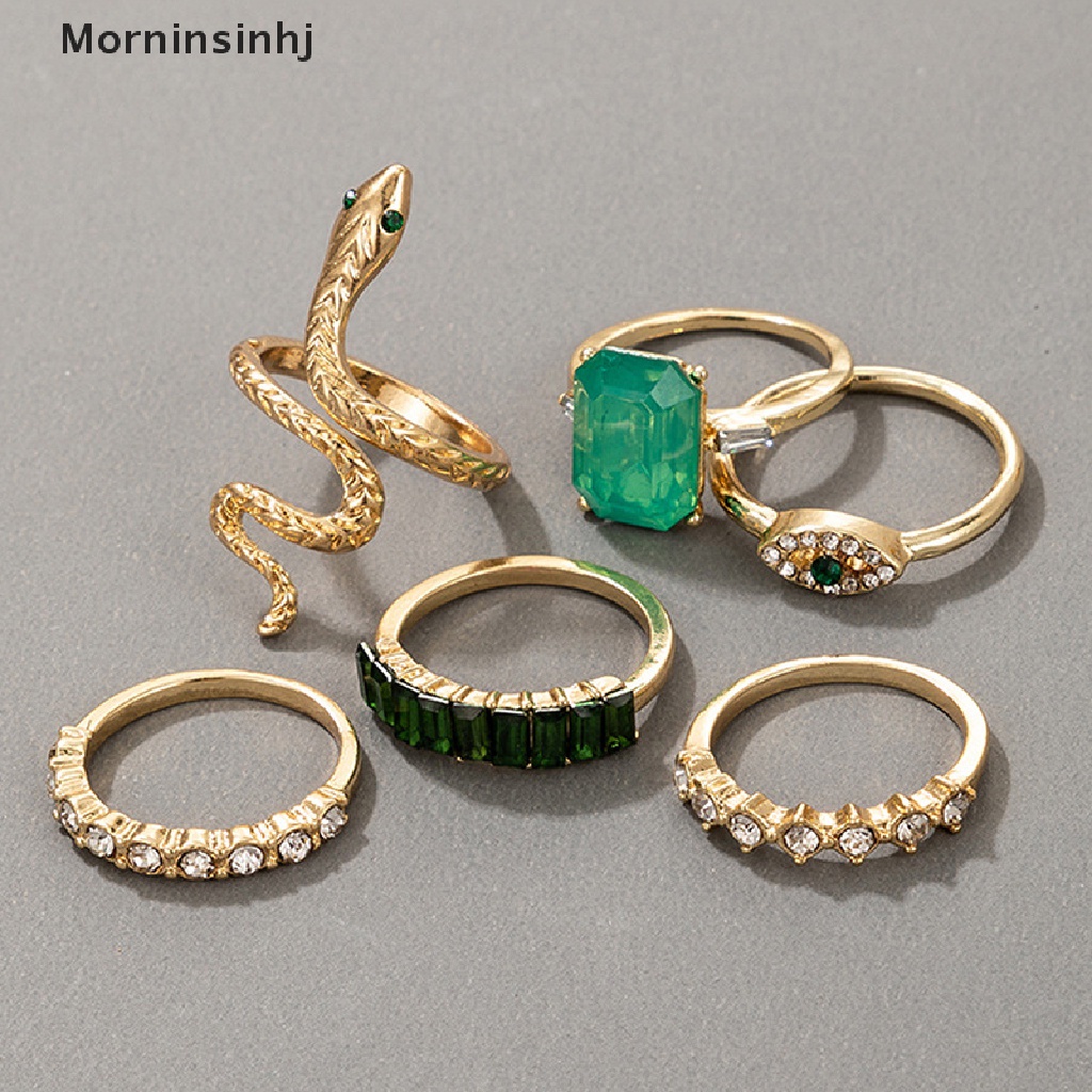 Mornin 6pcs/set Cincin Ular Berlian Imitasi Hijau Untuk Wanita Vintage Perhiasan Kristal id