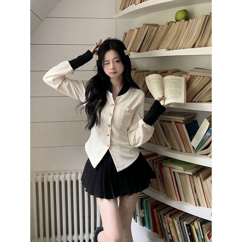 Red Xiaoxiangfeng berdiri kerah high-end sense kemeja wanita musim semi warna kontras tabir surya cardigan kemeja temperamen slim top pendek