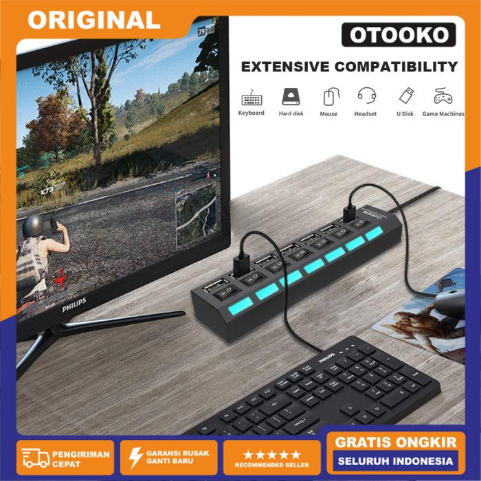 USB Hub 7 Port Output Switch On LED 2.0 PC Laptop USB Slot Extension