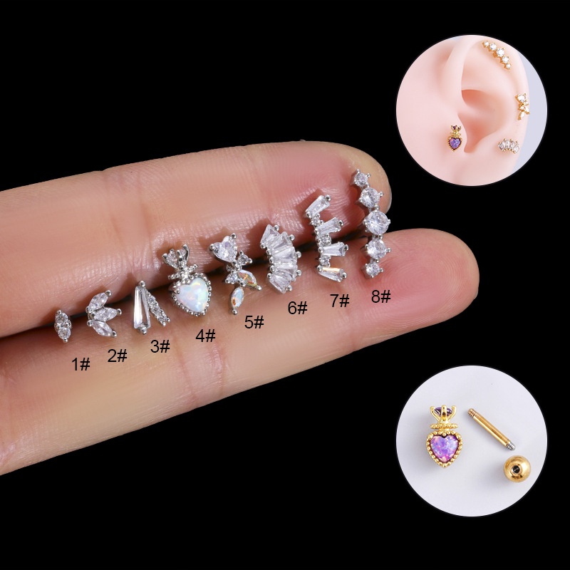 1biji Anting Tusuk Tulang Rawan Stainless Steel Helix Pinna Piercing 16Gauge Warna Emas Perak Mahkota Bentuk Hati