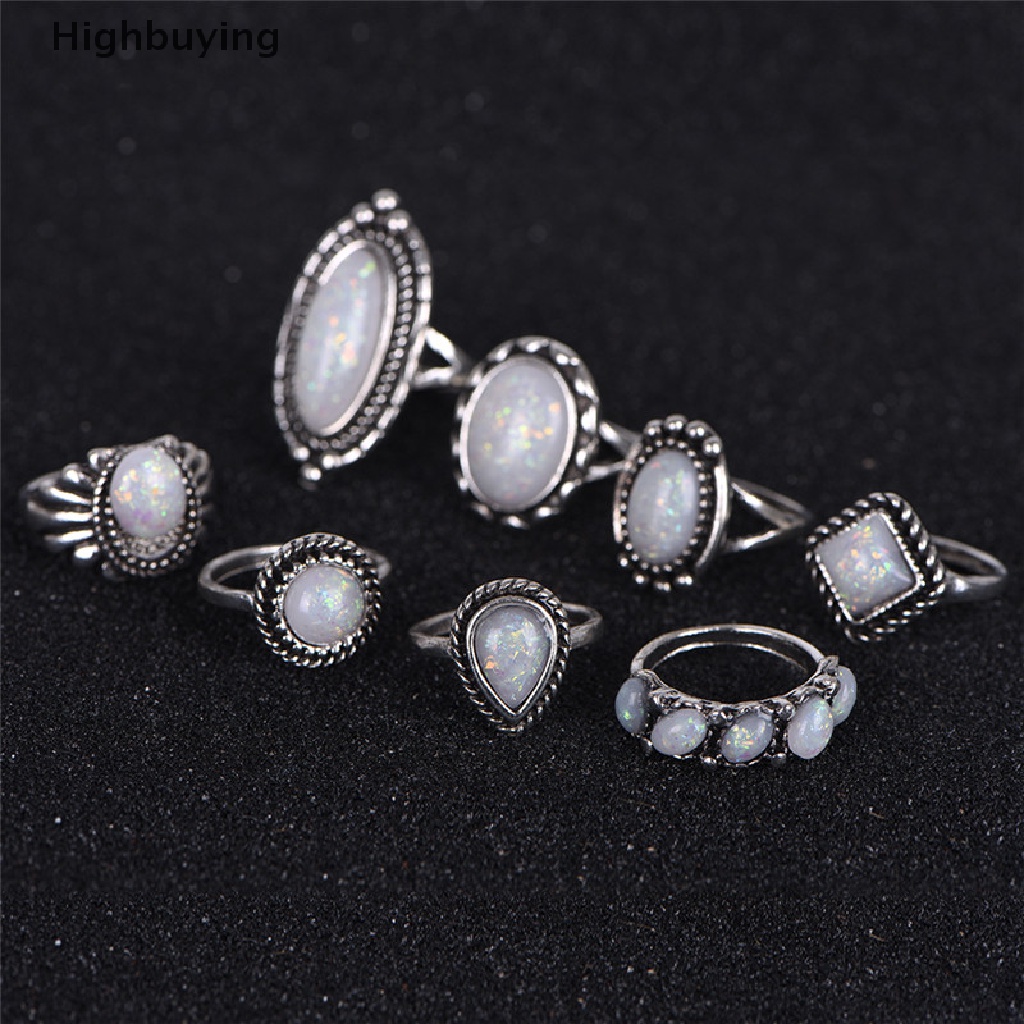 Hbid 8PCS/Set Cincin Perak Putih Api Opal Cincin Kawin Tunangan Cincin Wanita Perhiasan Glory