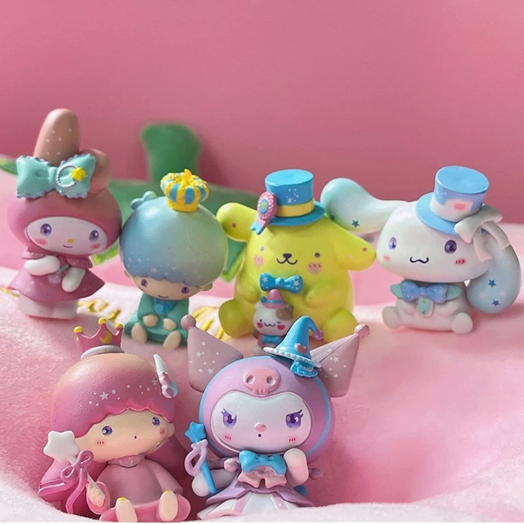 Sanrio Melody Kuromi Cinnamoroll 6pcs Action Figure Kawaii Cute Pink Boneka Hias Ornamen Kue Ulang Tahun Anak