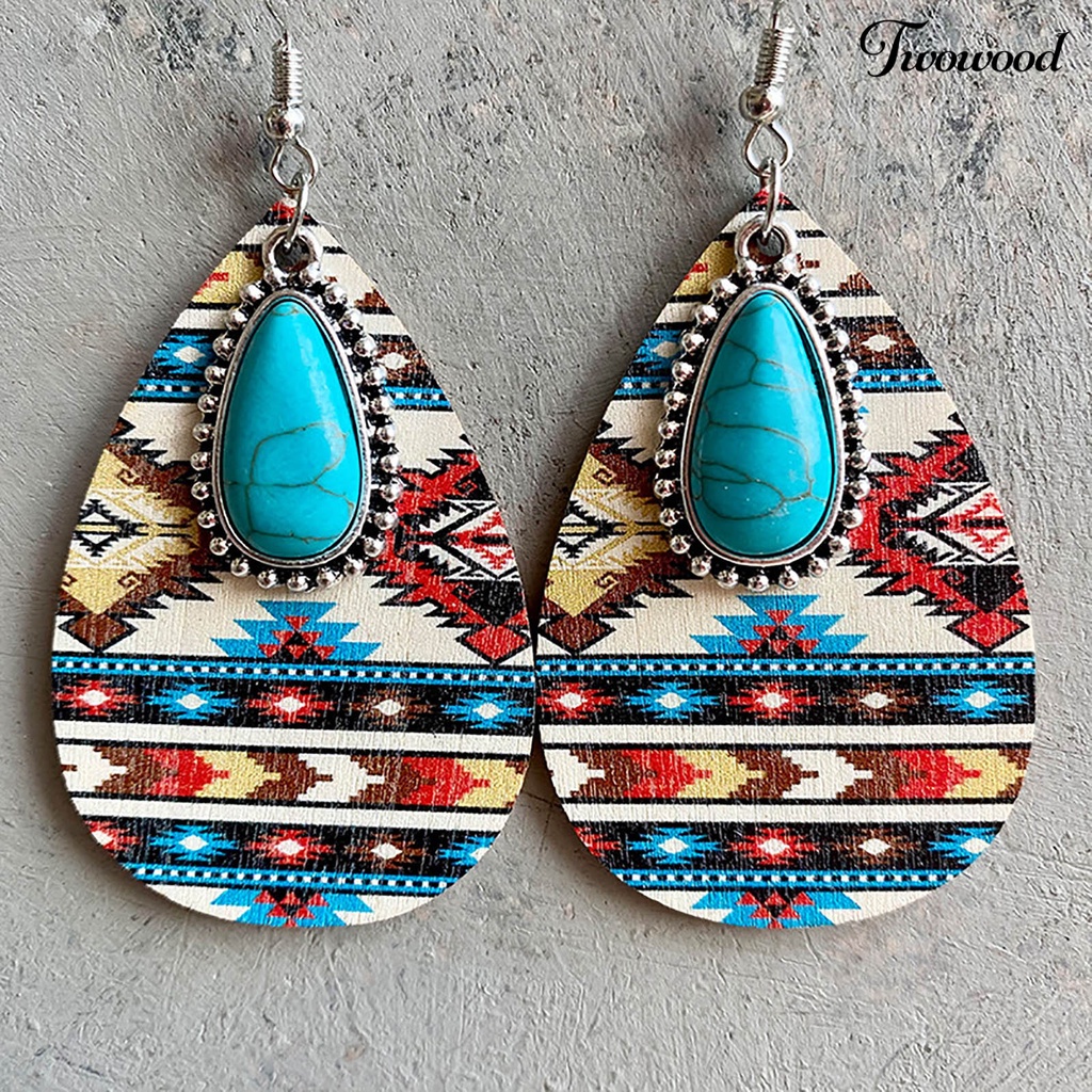 Twowood 1pasang Menjuntai Anting Bohemian Retro Gaya Etnik Imitasi Turquoise Pola Aztec Berdandan Hadiah Wanita Tetesan Air Liontin Anting Boho Perhiasan