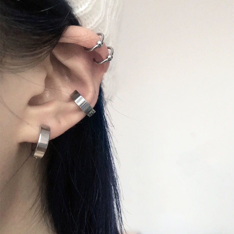 Magic789 1 Pc Keren Perak Hitam Stainless Steel Hoop Earrings Untuk Pria Wanita Punk Cuff Earring Kepribadian Telinga Aksesoris Harian