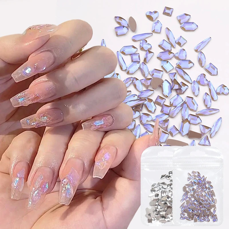 100 Pcs Campuran Berlian Imitasi Dekorasi Kuku Nail Art Aurora Datar Bawah Berbentuk Bor 3D Kuku Bor DIY Perlengkapan Kuku Aksesoris Kuku Untuk Wanita