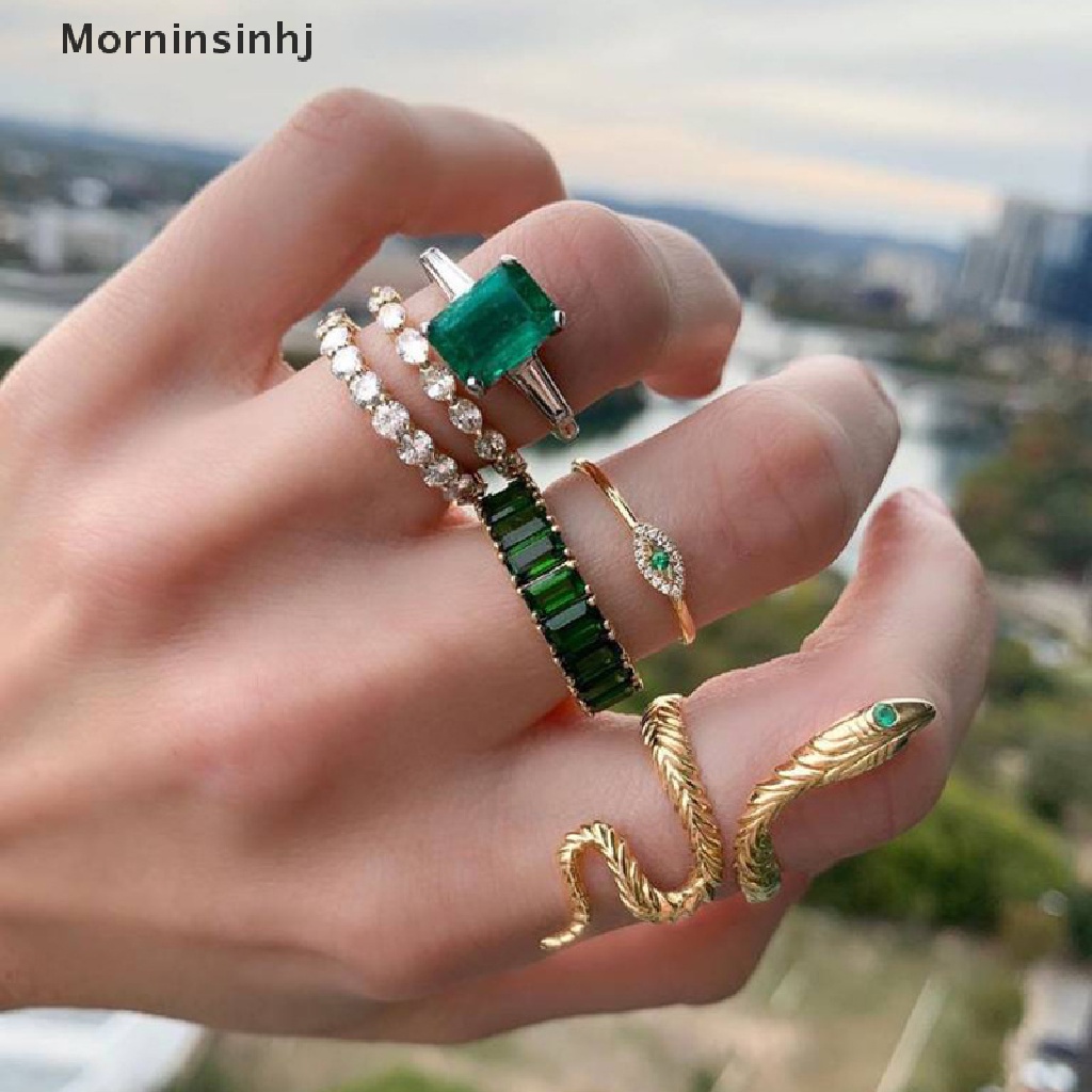 Mornin 6pcs/set Cincin Ular Berlian Imitasi Hijau Untuk Wanita Vintage Perhiasan Kristal id