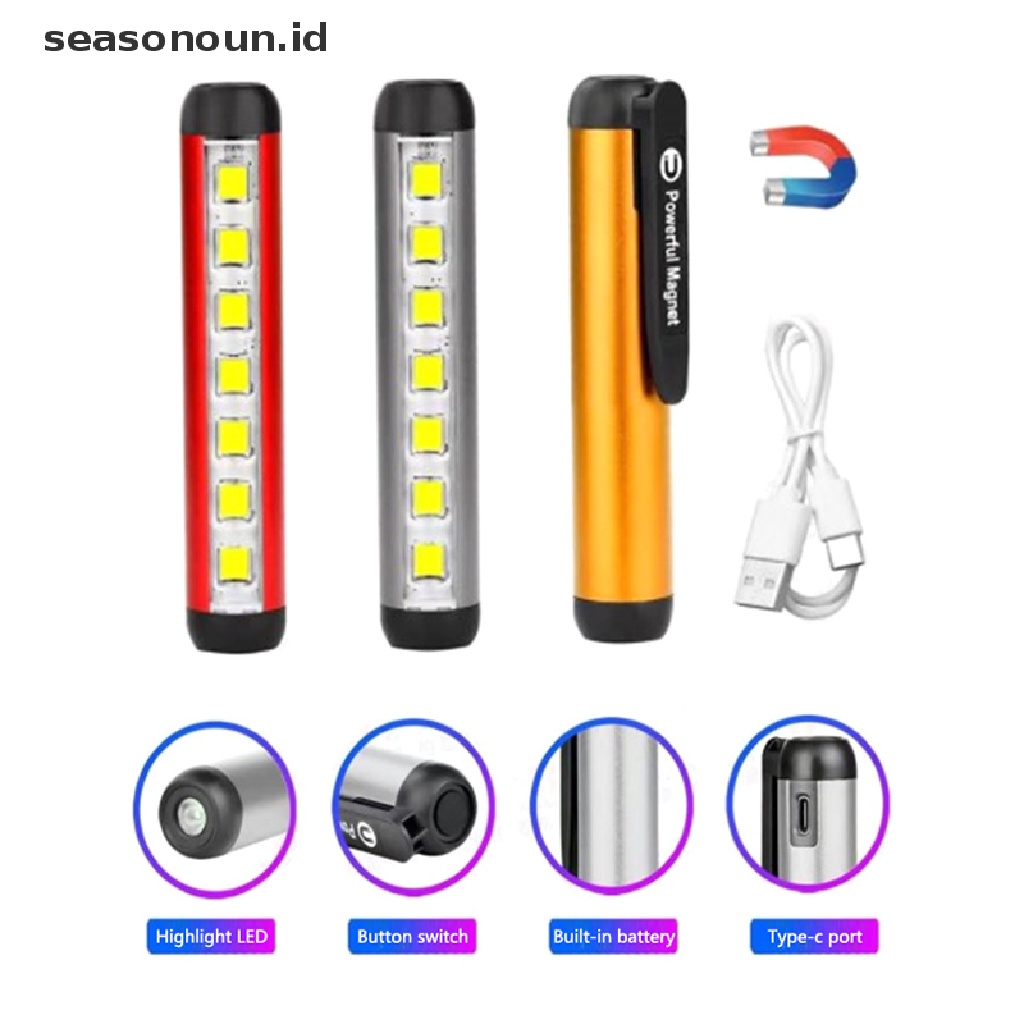 Seasonoun Senter LED Mini COB Lamp Obor Sangat Terang Dengan Clip Magnet Work Light.
