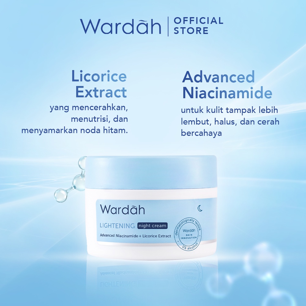 WARDAH Lightening Night Cream Indonesia / Pelembab Wajah 20ml 30g / Advanced Niacinamide + Licorice Extract / With Blue Light Protection / For All Skin Types Menyamarkan Bekas Jerawat Melembabkan Moisturizer Skincare Face Care Series / Krim Muka Malam Day