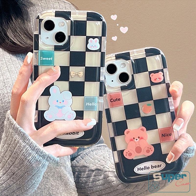 Checkerboard Pasangan Case Untuk Realme C53 C25 C55 C12 C15 C25Y C20 C30 C17 C21Y C35 C33 C11 2020 C25s 7I 9I 6i 5 5i 5s C11 C20A C3 C1 C2 Beruang Kelinci Lucu Anti Jatuh Airbag Soft Case