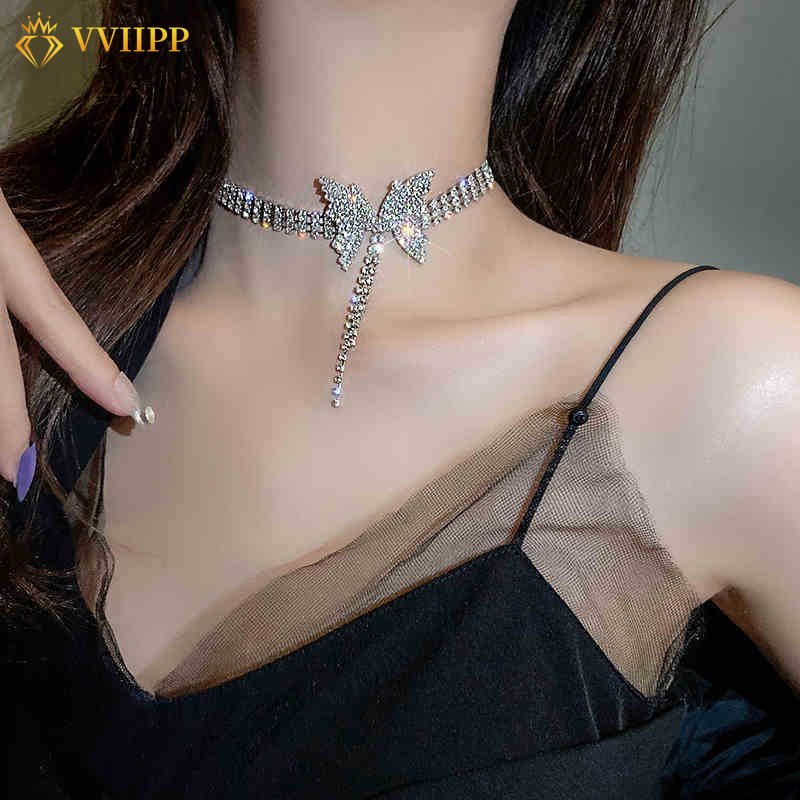 Kalung Rumbai Kupu-Kupu Korea Choker Rantai Kristal Silver Untuk Aksesoris Perhiasan Wanita