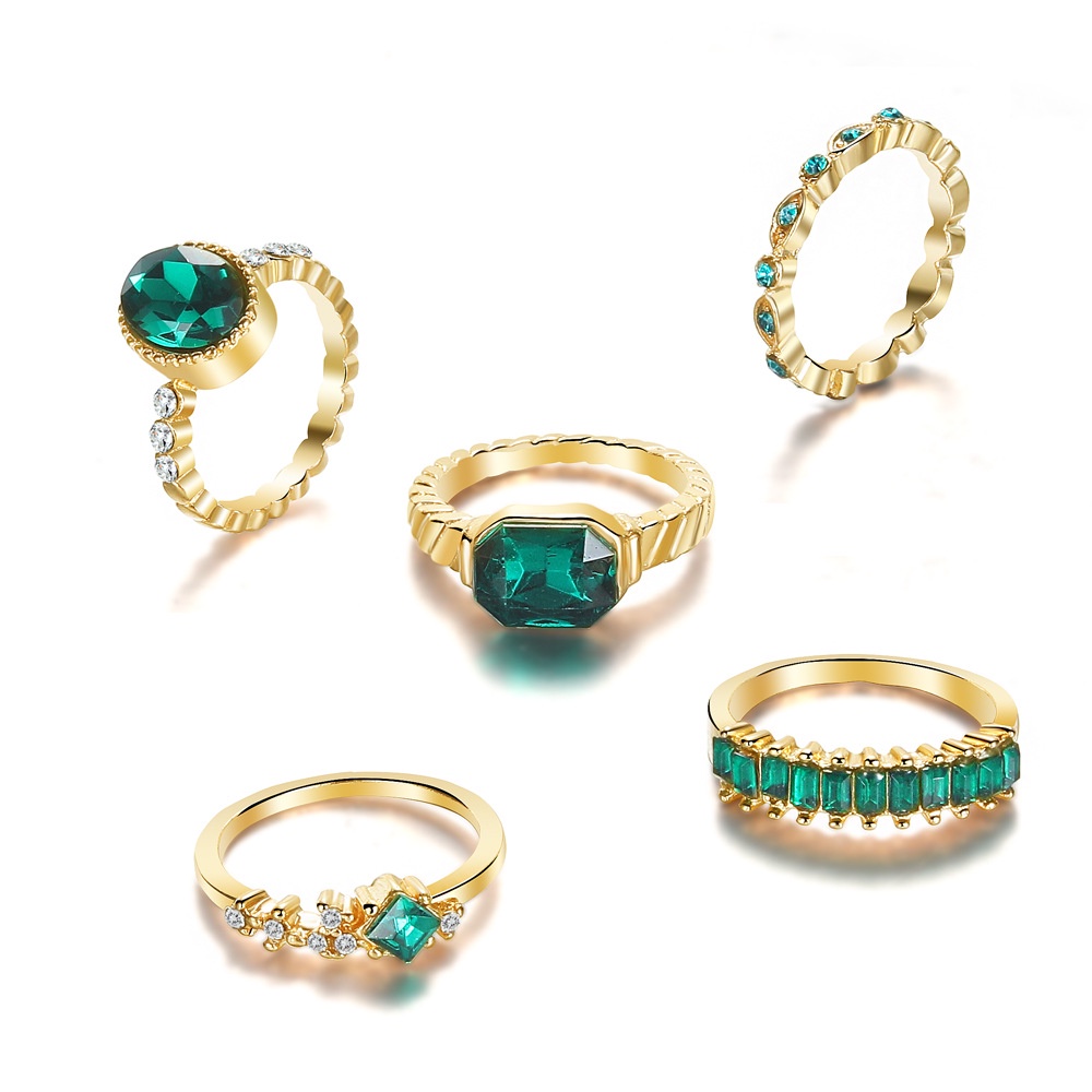 5pcs/set Luxury Green Gemstone Rings Set for Women Fashion Gold Finger Ring Jewelry Accessories