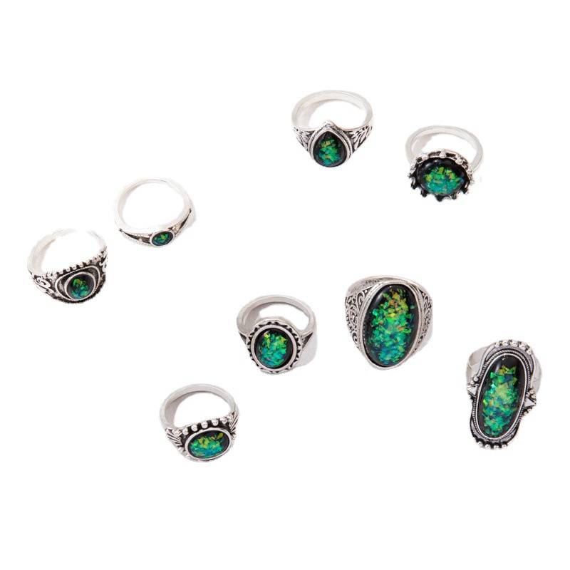 8pcs/set Cincin Kepribadian Vintage Baru Unisex Berlebihan Imitasi Opal Oval Charms Hadiah Jewlery Jari