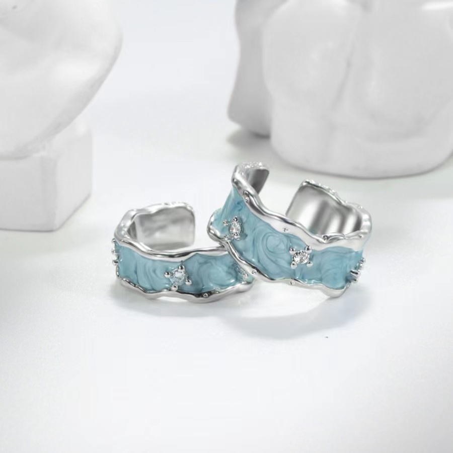 Niche Desain Biru Langit Tekstur Cincin Perempuan Bukaan Dapat Menyesuaikan Indah Jari Telunjuk Cincin