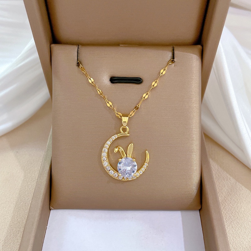 Kalung Titanium Asli Wanita Anti Karat Emas 18K Moon Rabbit Aksesoris