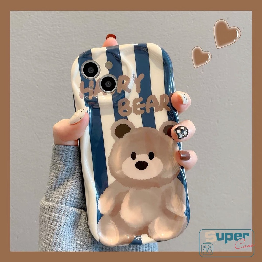 Case Glossy Garis Beruang Kartun Lucu Kompatibel Untuk iPhone 7Plus 11 Pro Max XR X 6s 7 6 8 Plus 13 14 12 Pro Max XS Max SE 2020 3D Wavy Curved Edge Soft Tpu Shockproof Cover