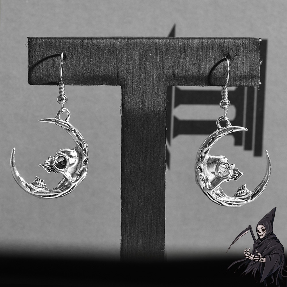 Gothic Gelap Gaya Anting Tengkorak Kepribadian Vintage Bulan Sabit Menjuntai Anting-Anting Retro Perak Moon Drop Earrings Punk Gadis Keren Wanita Aksesoris