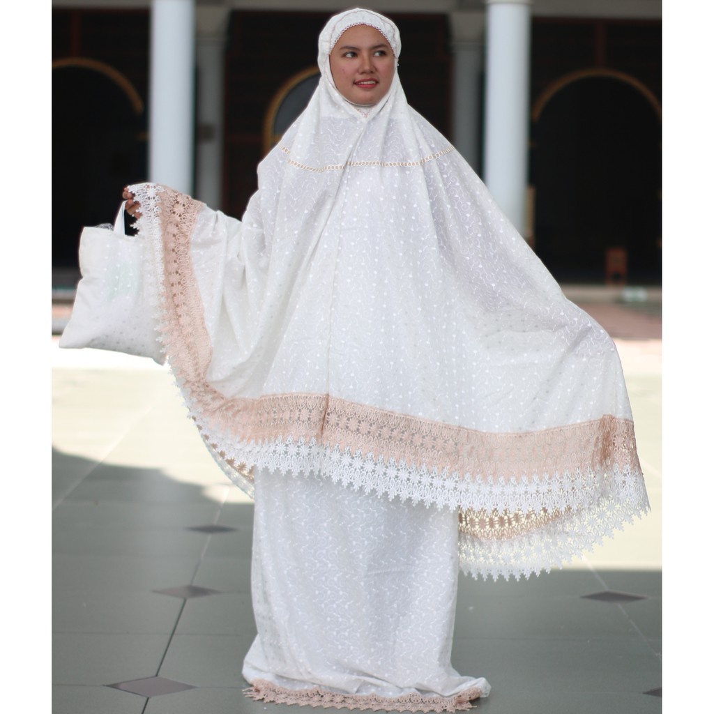 Mukena setelan dan terusan katun sutra Jepang prada full bordir putih renda putih coklat free tas