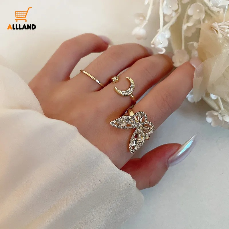 Fashion Zirkon Kupu-Kupu Cincin Set/Sederhana Logam Rantai Buku Jari Cincin/Kepribadian Berlian Imitasi Bintang Bulan Jari Cincin