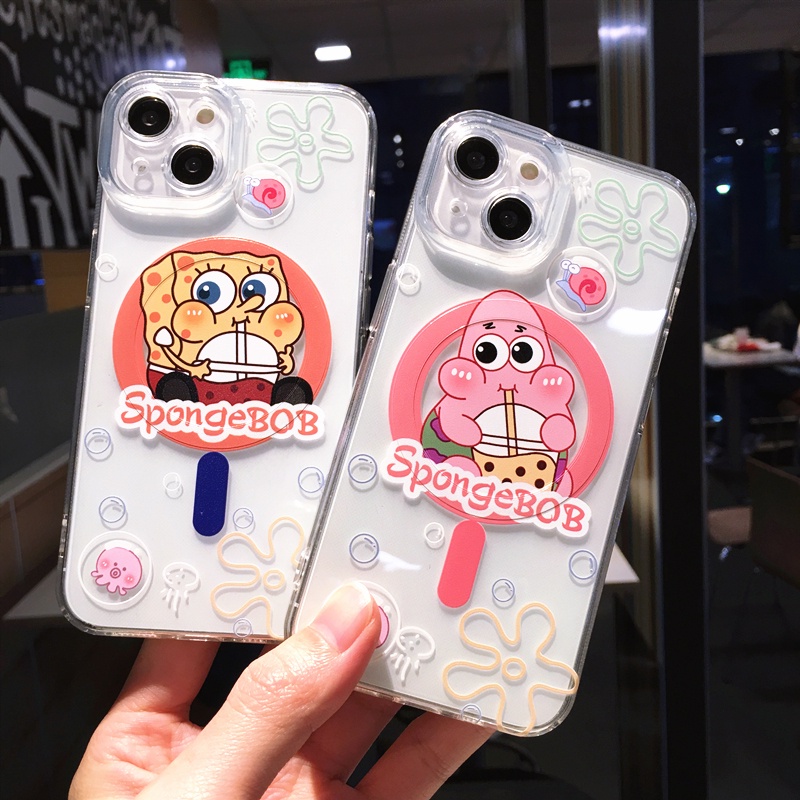 IPHONE Untuk Iphone14 13 12 11 Pro Max Ponsel Transparan Magnetik Soft case Kartun Lucu Spongebob