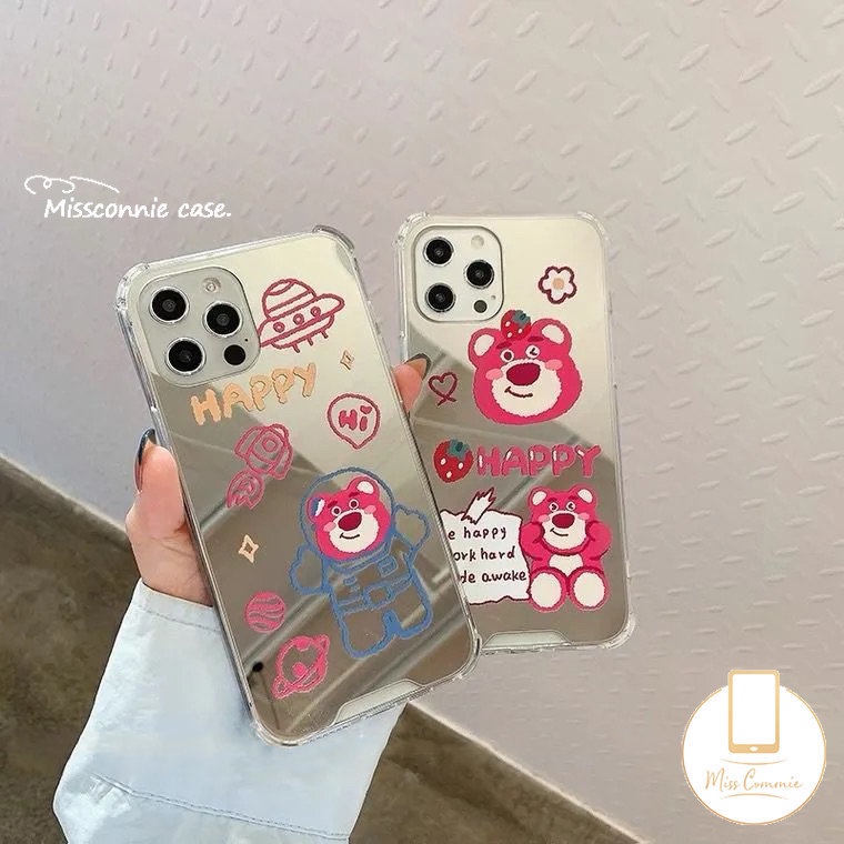 Kartun Astronot Manyo Casing Ponsel Kompatibel Untuk iPhone 7plus 11 13 12 Pro MAX XR 7 8 Plus X XS MAX SE 2020 Beruang Strawberry Lucu Shockproof Make Up Mirror Soft Cover