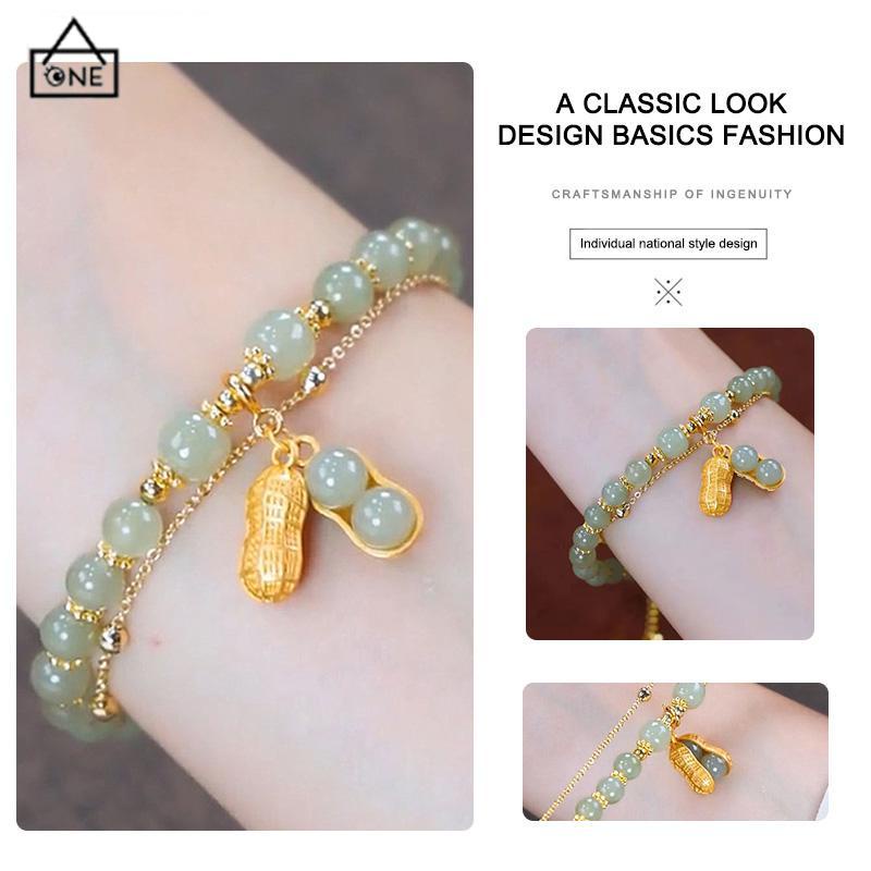 COD❤️Gelang Rantai Emas Hijau Liontin Kacang Gaya Cina Retro Untuk Wanita-A.one