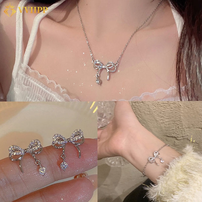 Fashion Busur Liontin Kalung Gelang Anting Elegan Kristal Perak Stud Earrings Bracelet Choker Untuk Aksesoris Perhiasan Wanita