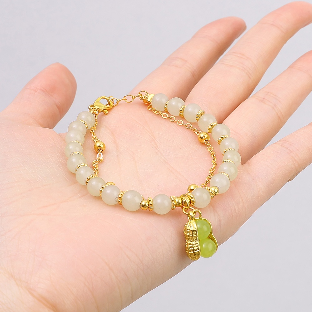 Goodwill Peanut Double-Chain Gelang Ditiru Hetian Jade Beads Warna Emas Peanut Pendant Bracelet Perempuan Elegan Retro Perhiasan Gaya Cina Aksesoris