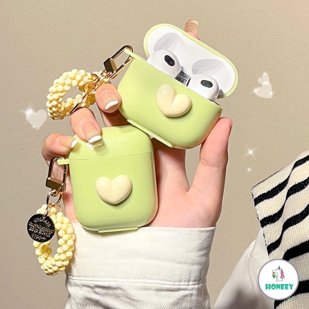 Fashion Lucu Cinta Hati Hijau Earphone Case Untuk Apple Airpods1 2 3 Lembut Headphone Cover Dengan Liontin Untuk airPods Pro Protection Cover