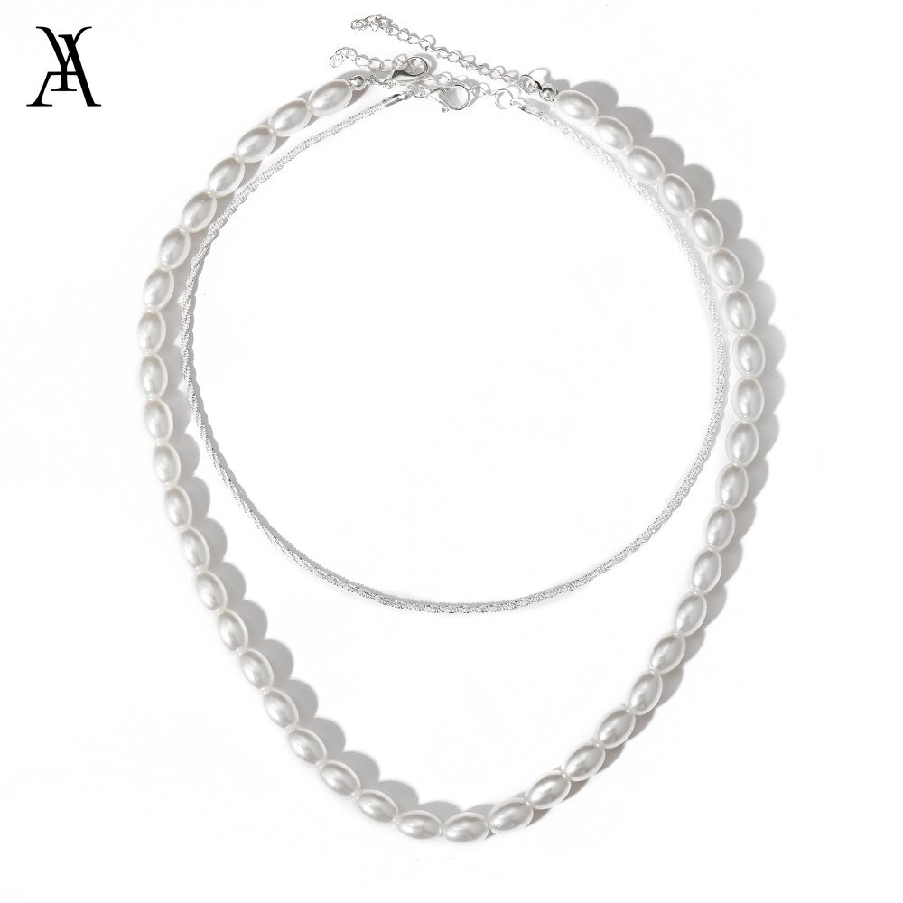 AY(CN) Kalung Choker Rantai Mutiara Multilayer Warna Silver Gaya Korea Untuk Wanita